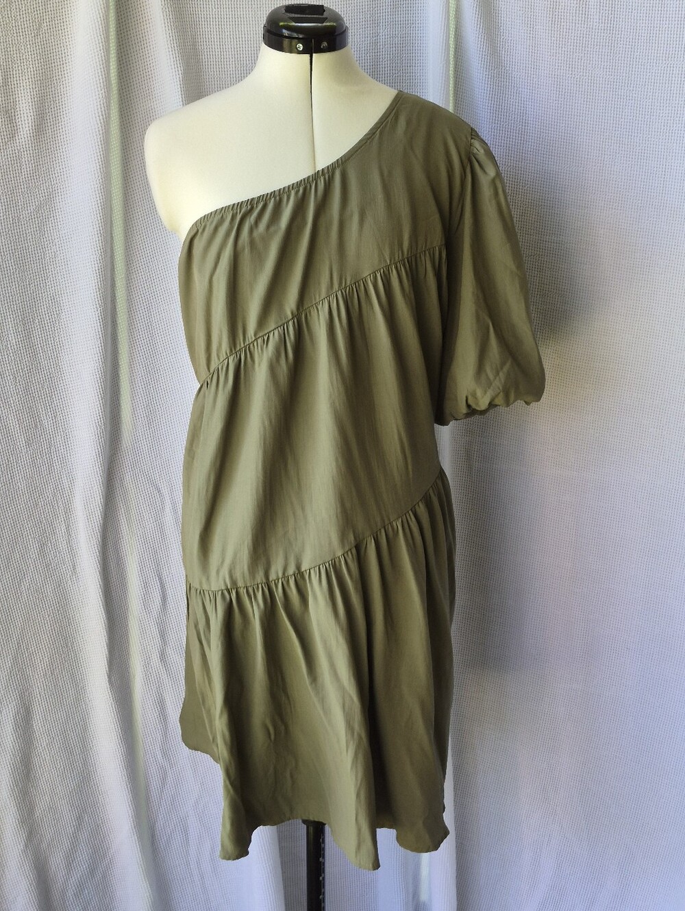 NWT One-Shoulder Olive Green Tiered Dress